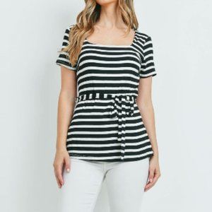 New Square Neck Short Sleeve Stripe Blouse Black
